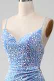 Robe de soirée sirène bleu clair à paillettes scintillantes et fente