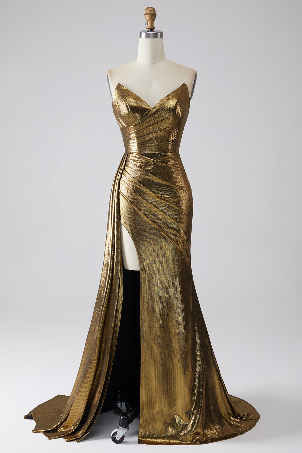Robe de soirée longue sans bretelles sirène dorée scintillante avec fente
