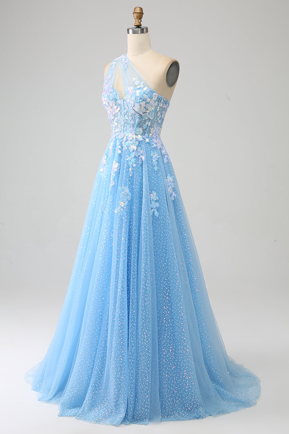 Superbe une ligne une épaule bleu clair longue robe de soirée en tulle avec des appliques