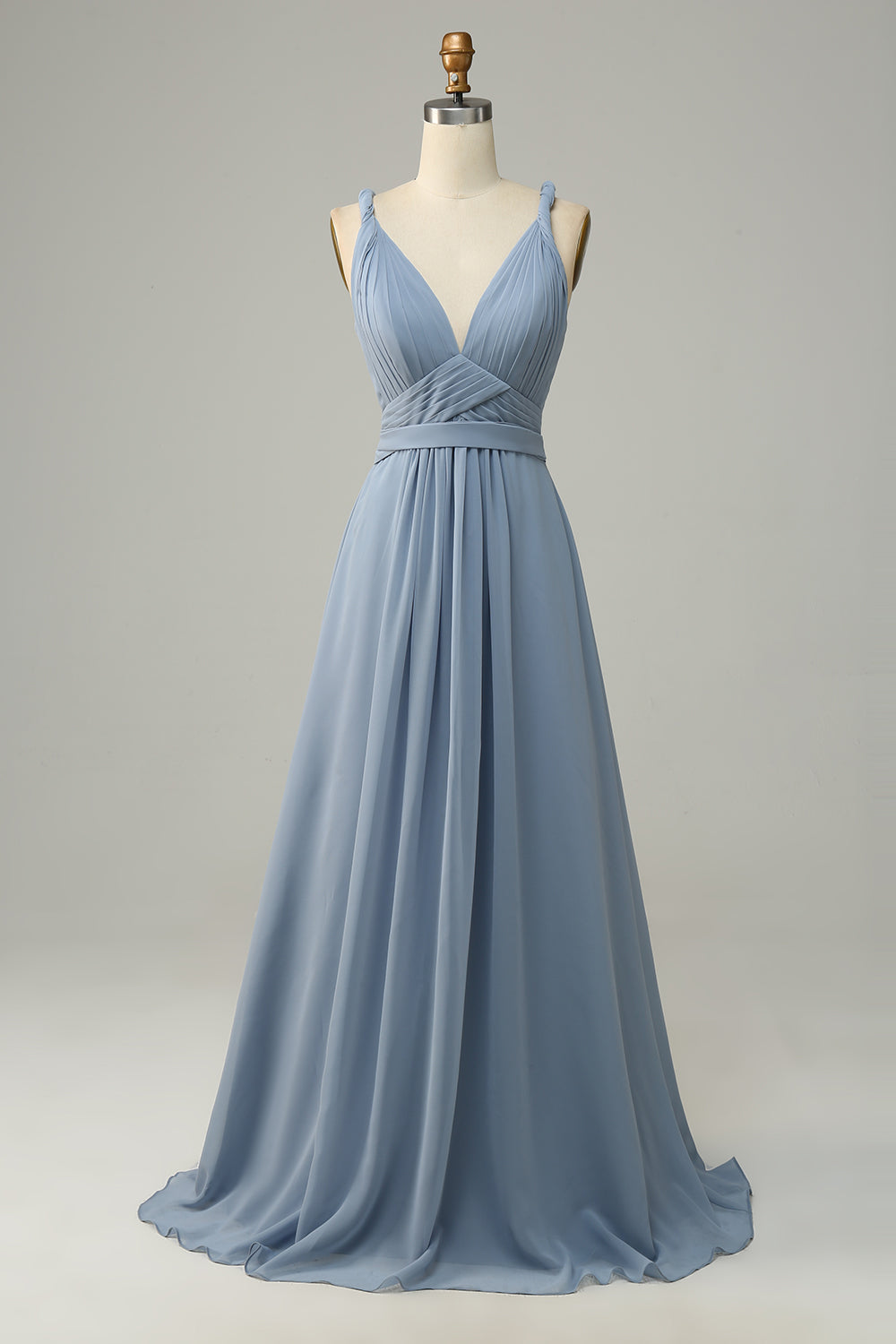 Robe de demoiselle d'honneur longue bleu poussiéreux à col en V profond