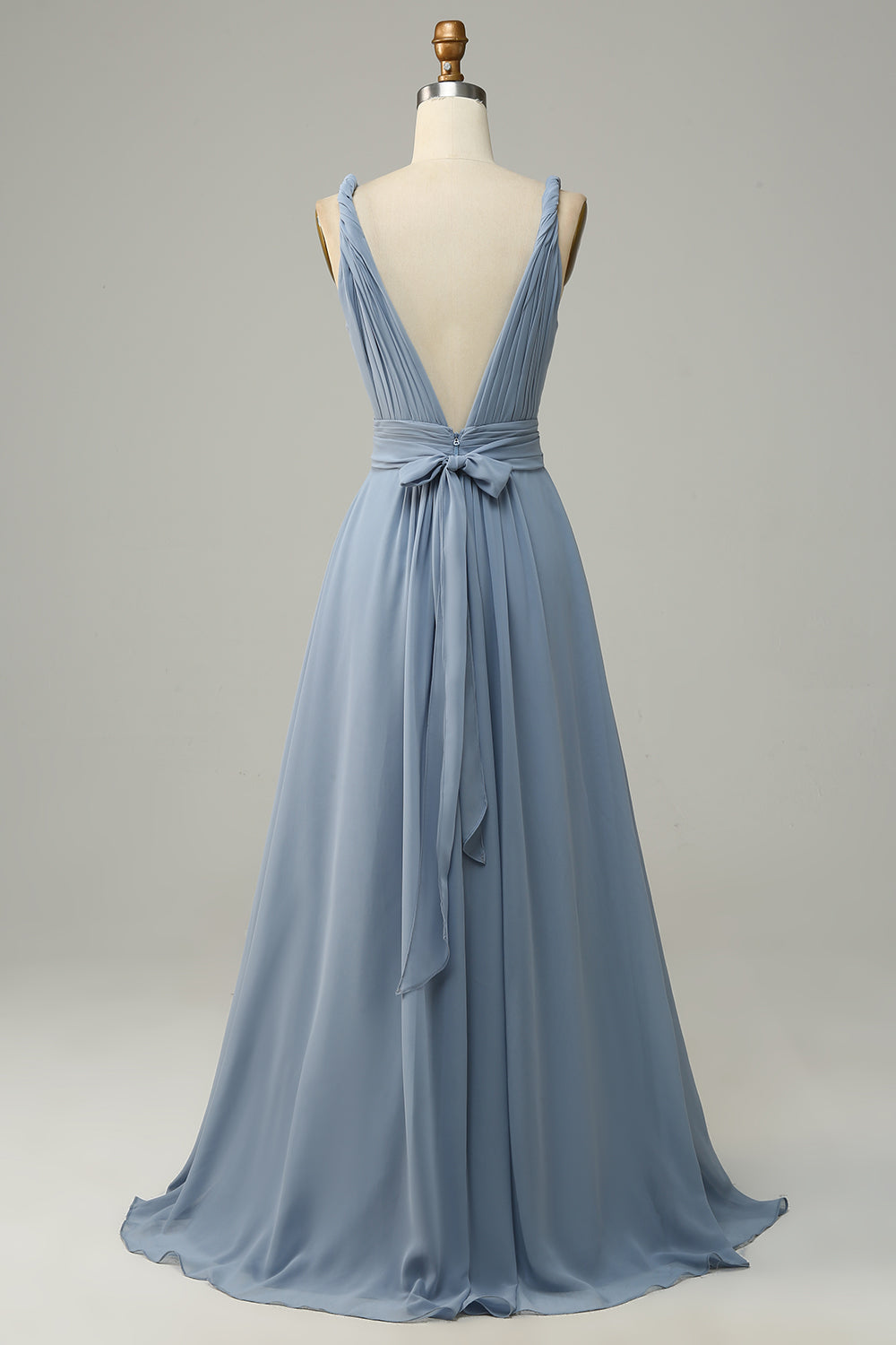 Robe de demoiselle d'honneur longue bleu poussiéreux à col en V profond