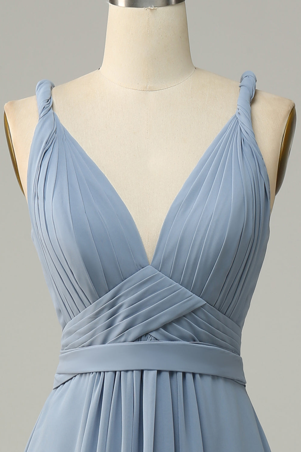 Robe de demoiselle d'honneur longue bleu poussiéreux à col en V profond