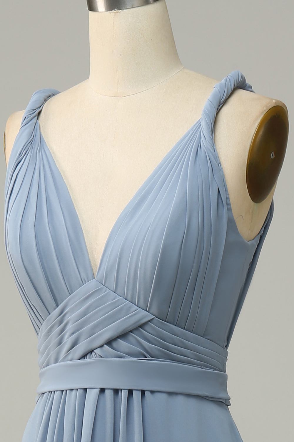 Robe de demoiselle d'honneur longue bleu poussiéreux à col en V profond