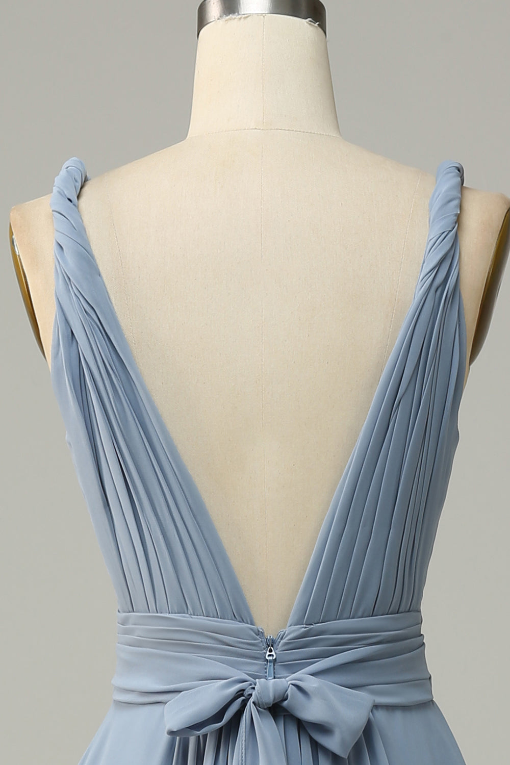 Robe de demoiselle d'honneur longue bleu poussiéreux à col en V profond