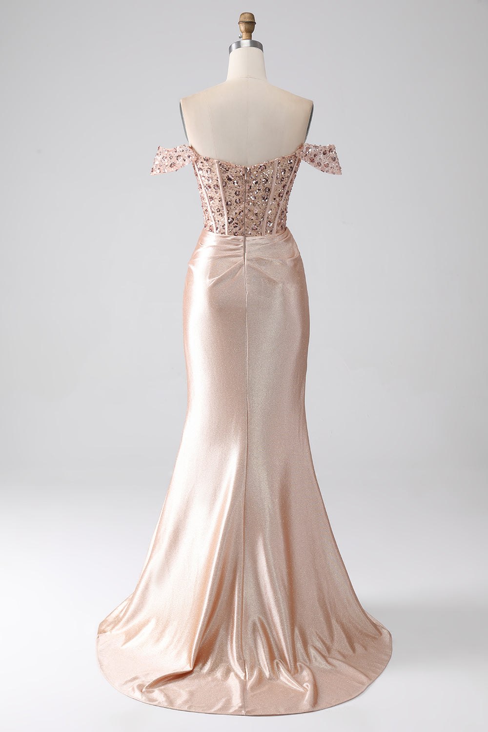 Sirène champagne épaule dénudée Corset longue Robe de soirée avec fente