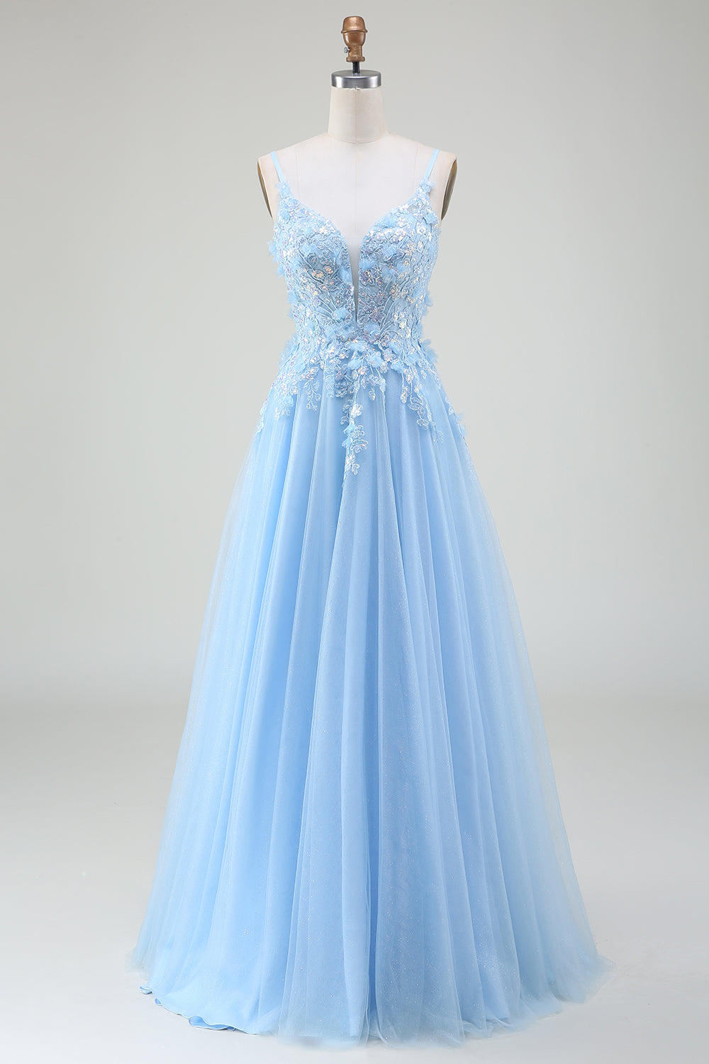 Robe de soirée bleu clair trapèze avec appliques