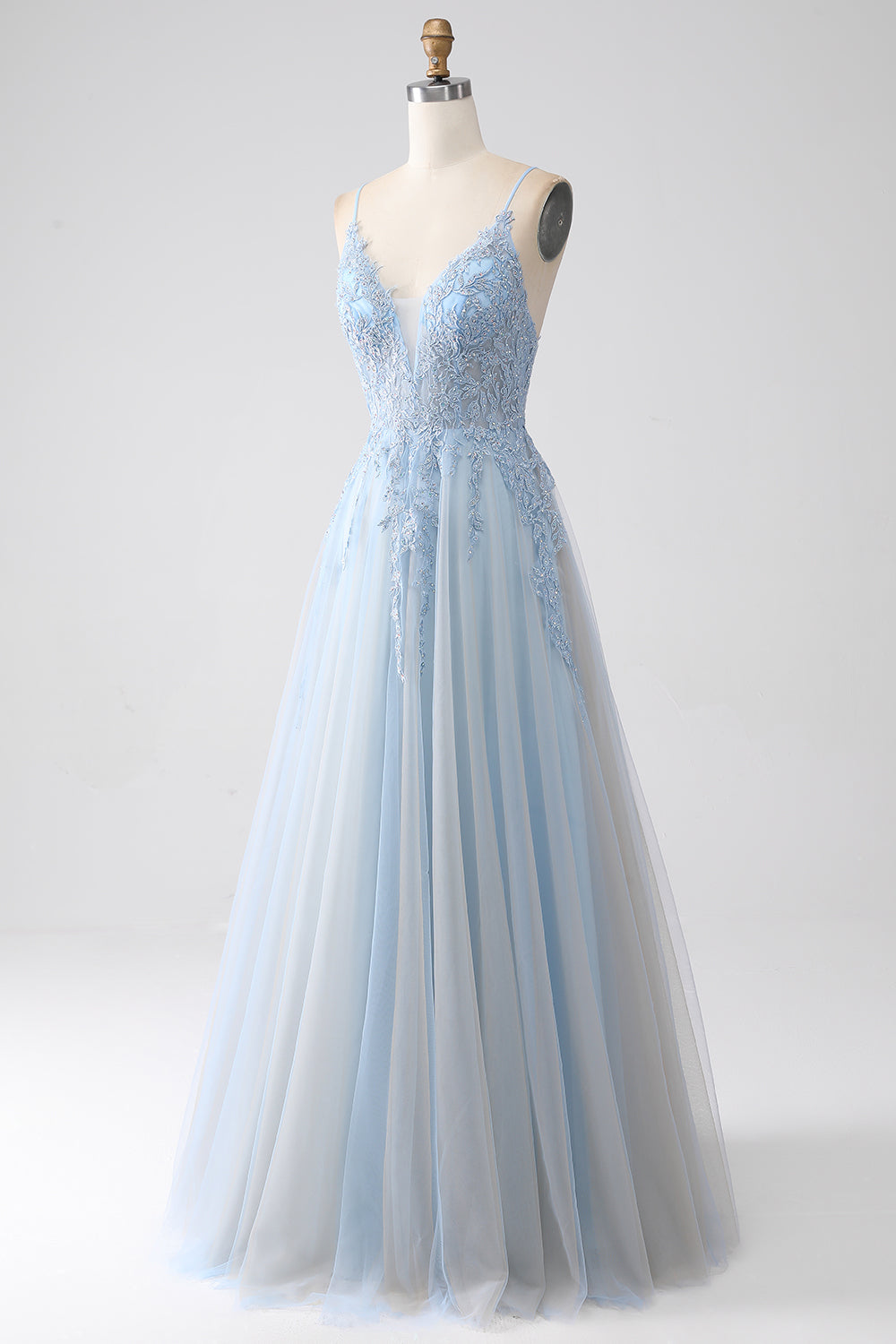 A-ligne Spaghetti Straps Gris Bleu Robe de soirée avec perles
