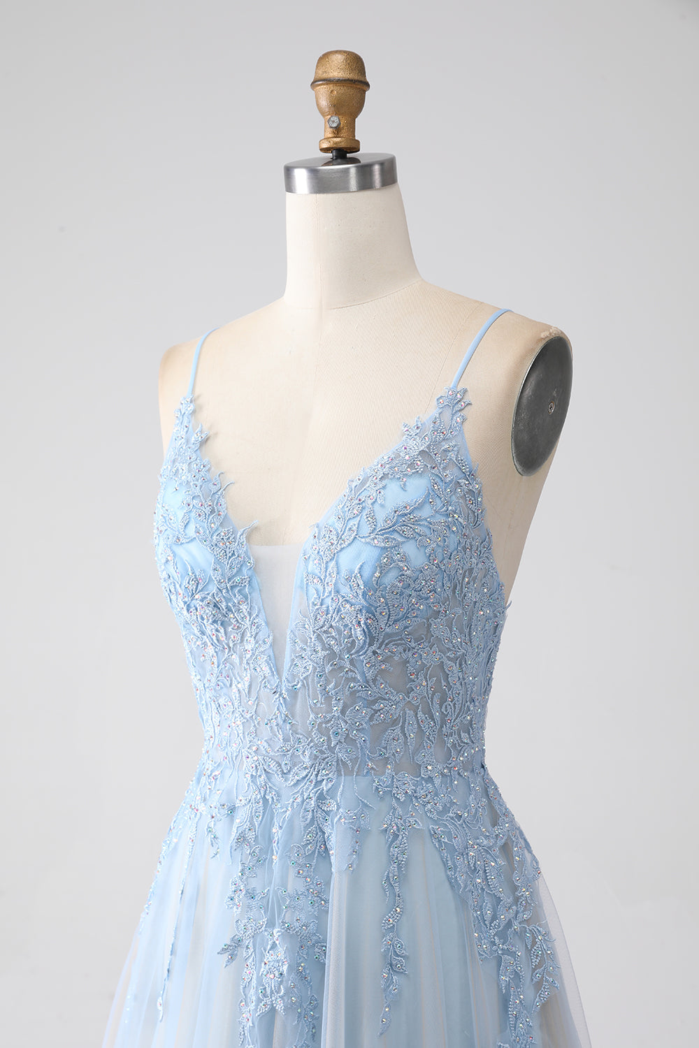 A-ligne Spaghetti Straps Gris Bleu Robe de soirée avec perles