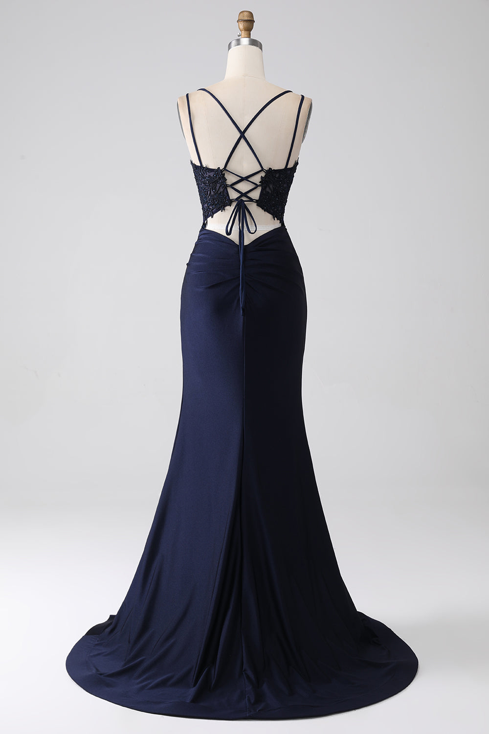 Sirène perlé bleu marine robe de soirée avec volants