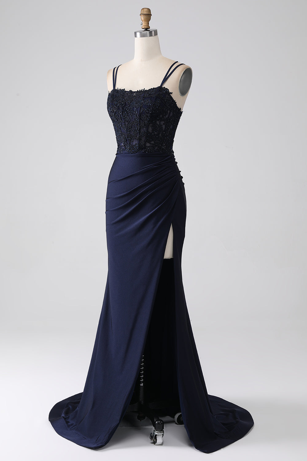Sirène perlé bleu marine robe de soirée avec volants