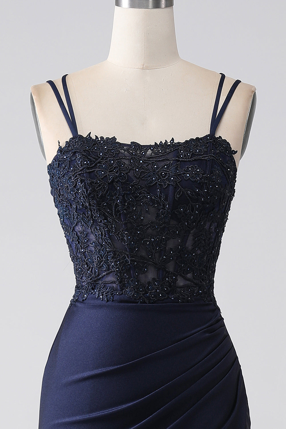 Sirène perlé bleu marine robe de soirée avec volants