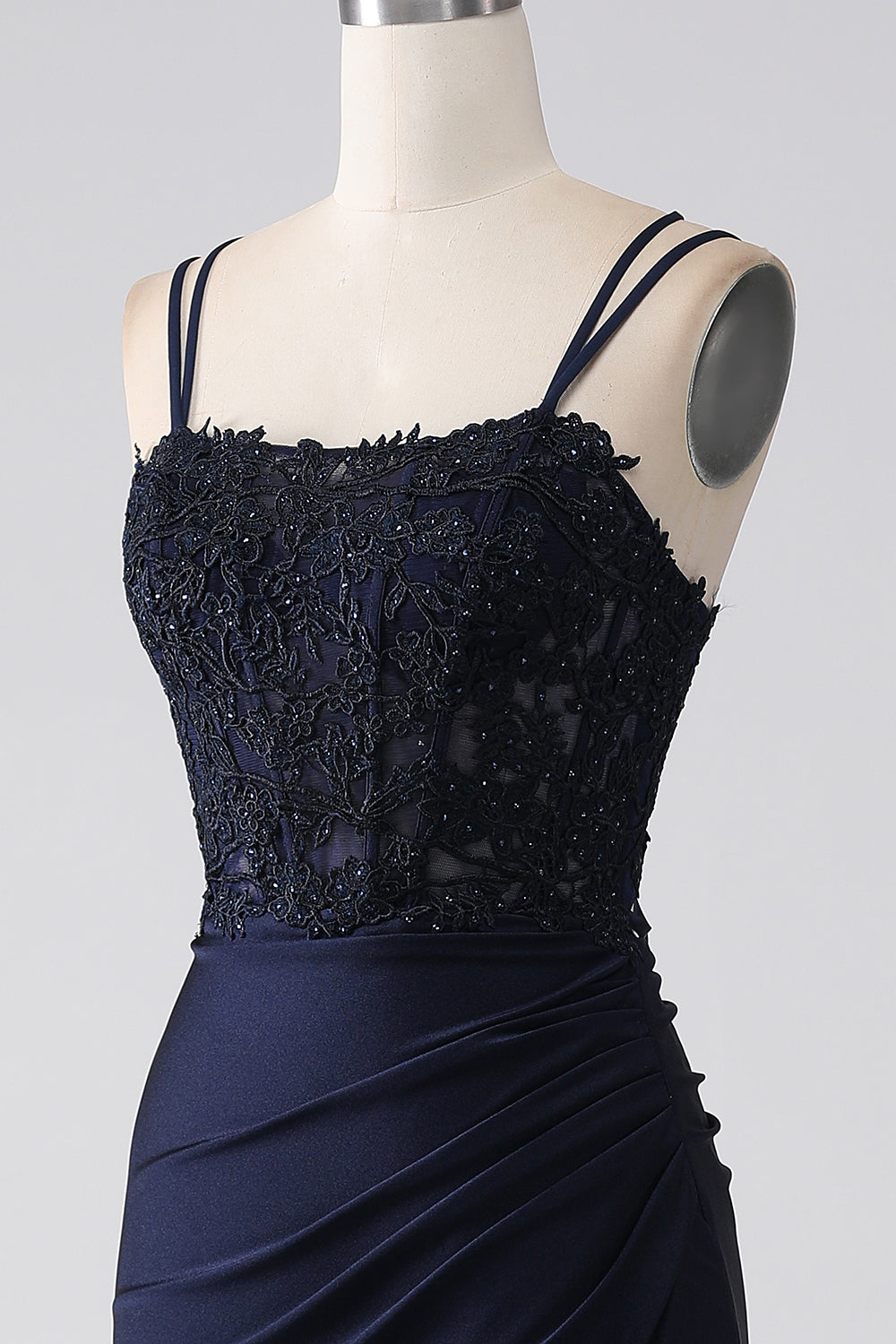 Sirène perlé bleu marine robe de soirée avec volants