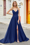 Robe de Soirée longue dos nu à bretelles spaghetti bleu royal A Line avec appliques