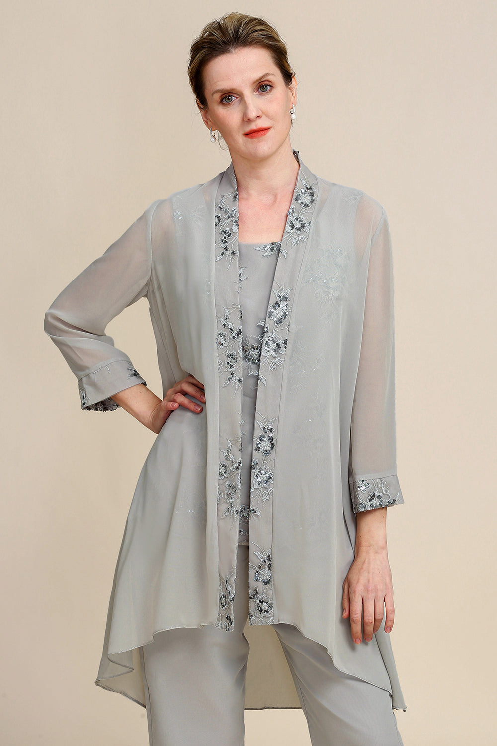 Zapaka Femmes Gris 3 pièces Mother of the Bride Pantalon Costumes avec dentelle