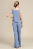 Grey Blue Manches Longues 3 pièces Mother of the Bride Pantalon Costumes