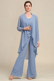 Grey Blue Manches Longues 3 pièces Mother of the Bride Pantalon Costumes