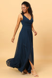 Navy V-Neck Chiffon Bridesmaid Robe avec volants