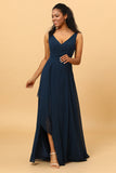Navy V-Neck Chiffon Bridesmaid Robe avec volants