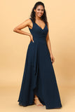 Navy V-Neck Chiffon Bridesmaid Robe avec volants