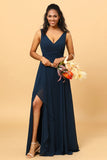 Navy V-Neck Chiffon Bridesmaid Robe avec volants