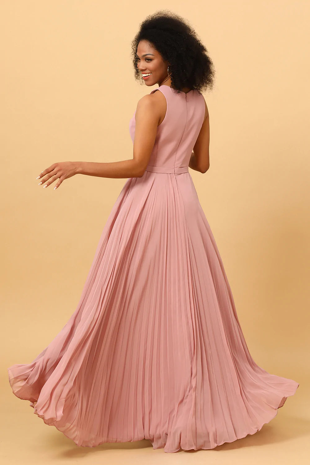 Robe de demoiselle d’honneur plissée longue mousseline de soie blush avec fente