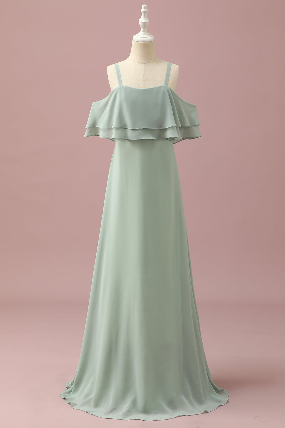 Robe de demoiselle d'honneur junior en mousseline de soie à épaules dénudées et bretelles Sauge