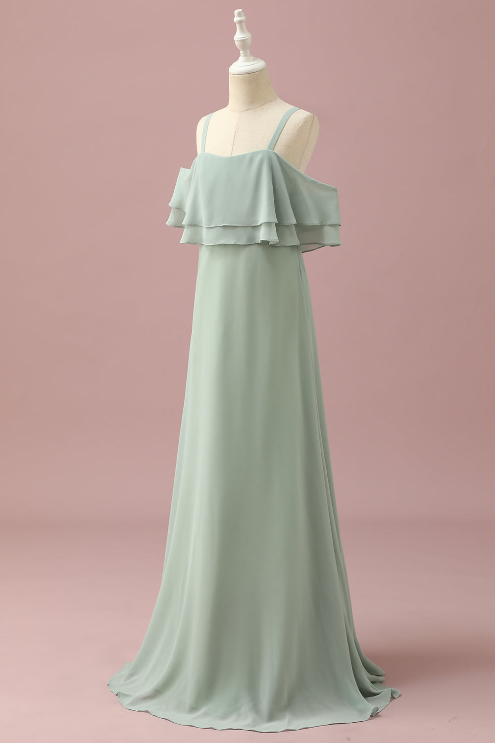 Robe de demoiselle d'honneur junior en mousseline de soie à épaules dénudées et bretelles Sauge