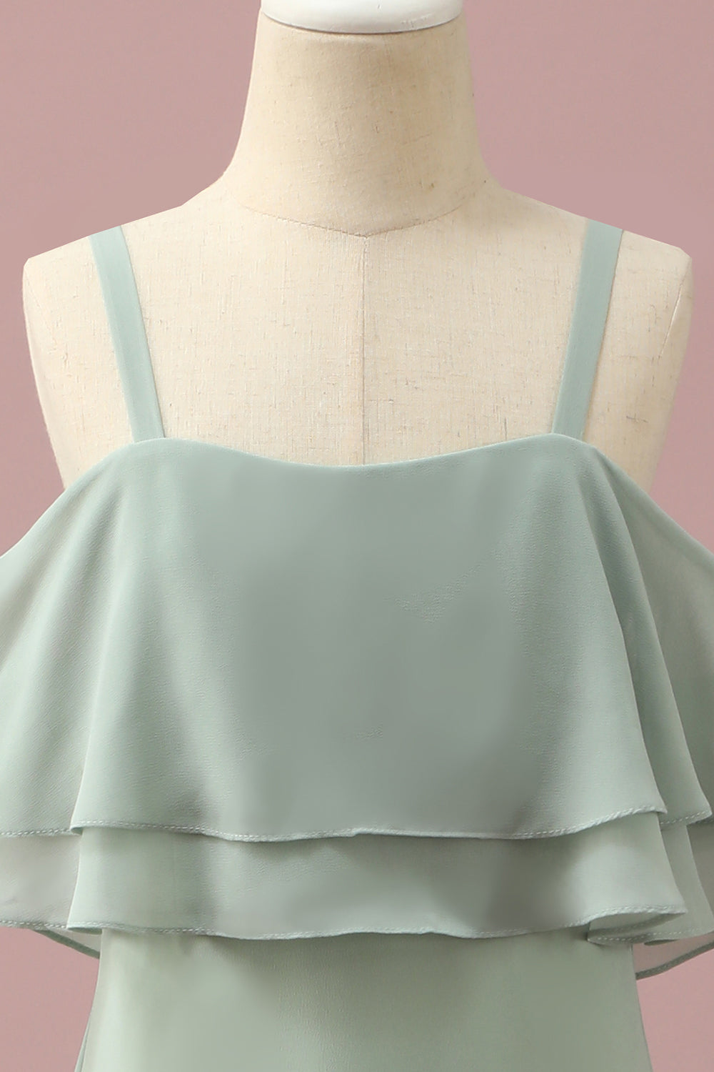 Robe de demoiselle d'honneur junior en mousseline de soie à épaules dénudées et bretelles Sauge