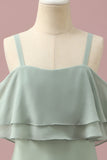 Robe de demoiselle d'honneur junior en mousseline de soie à épaules dénudées et bretelles Sauge