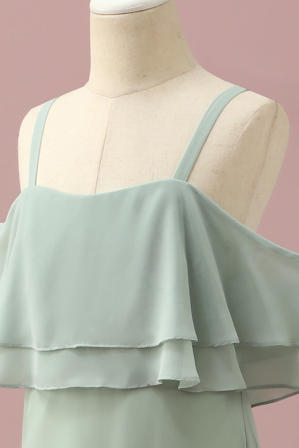 Robe de demoiselle d'honneur junior en mousseline de soie à épaules dénudées et bretelles Sauge