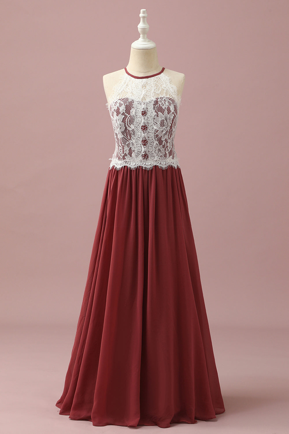 Robe de demoiselle d’honneur bordeaux Halter Dentelle et Mousseline de soie d’honneur junior