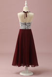 Dentelle bordeaux et robe de demoiselle d’honneur Chiffon Halter Junior