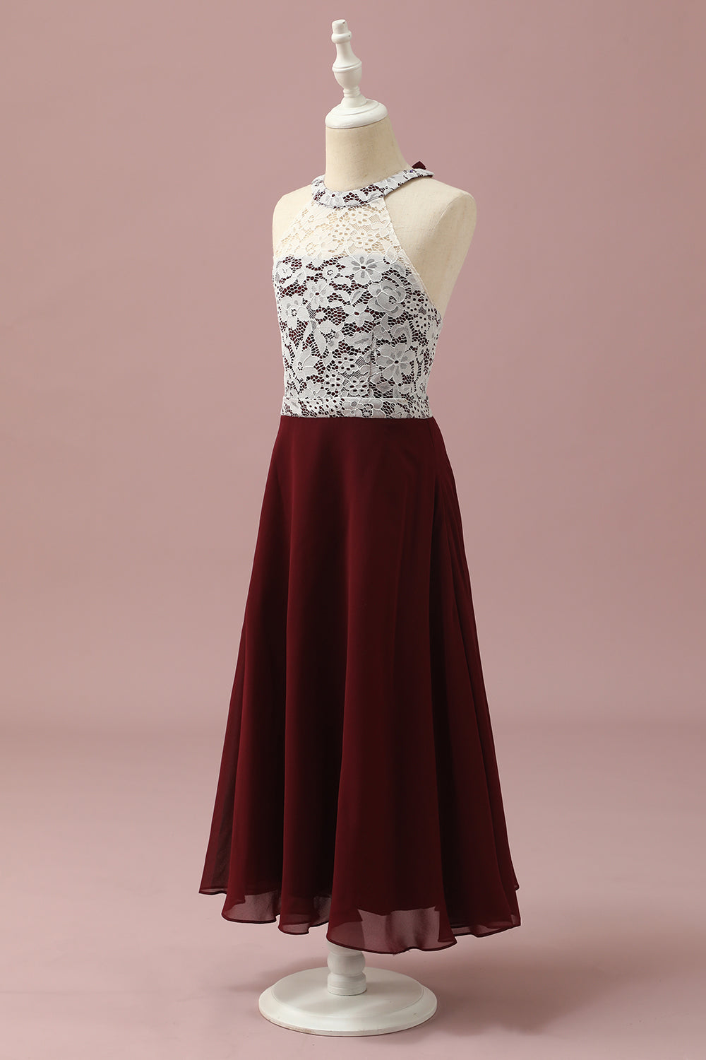 Dentelle bordeaux et robe de demoiselle d’honneur Chiffon Halter Junior
