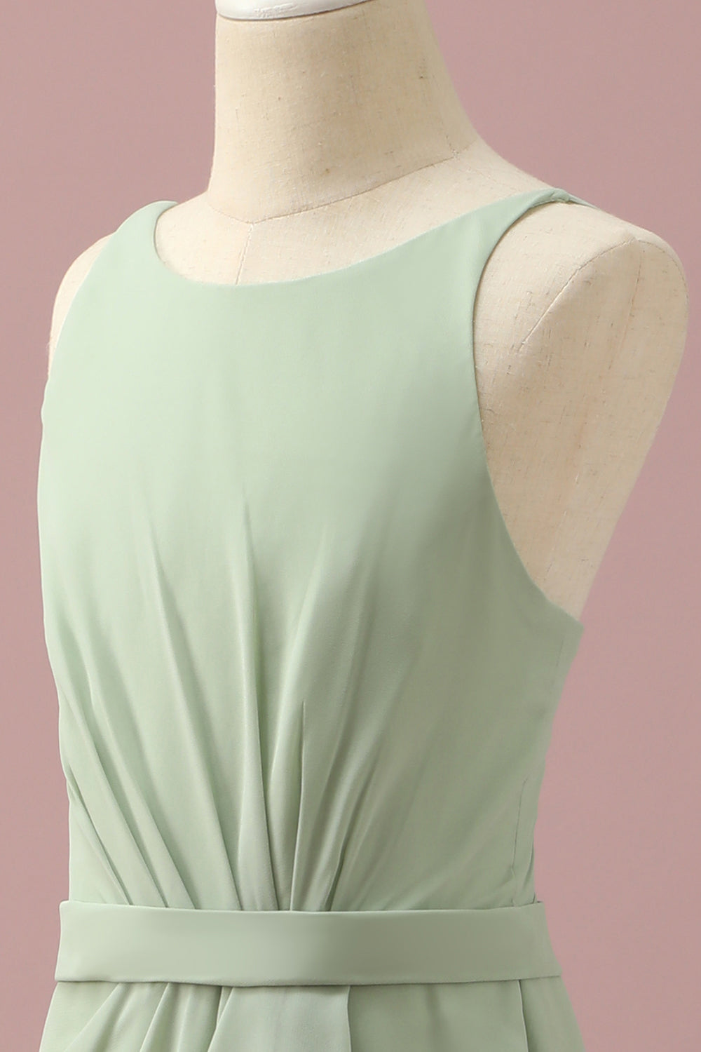 Sage Chiffon Robe de demoiselle d’honneur junior à col rond avec volants en cascade