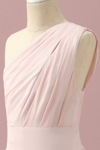 Robe de demoiselle d’honneur junior rose clair en mousseline de soie à une épaule
