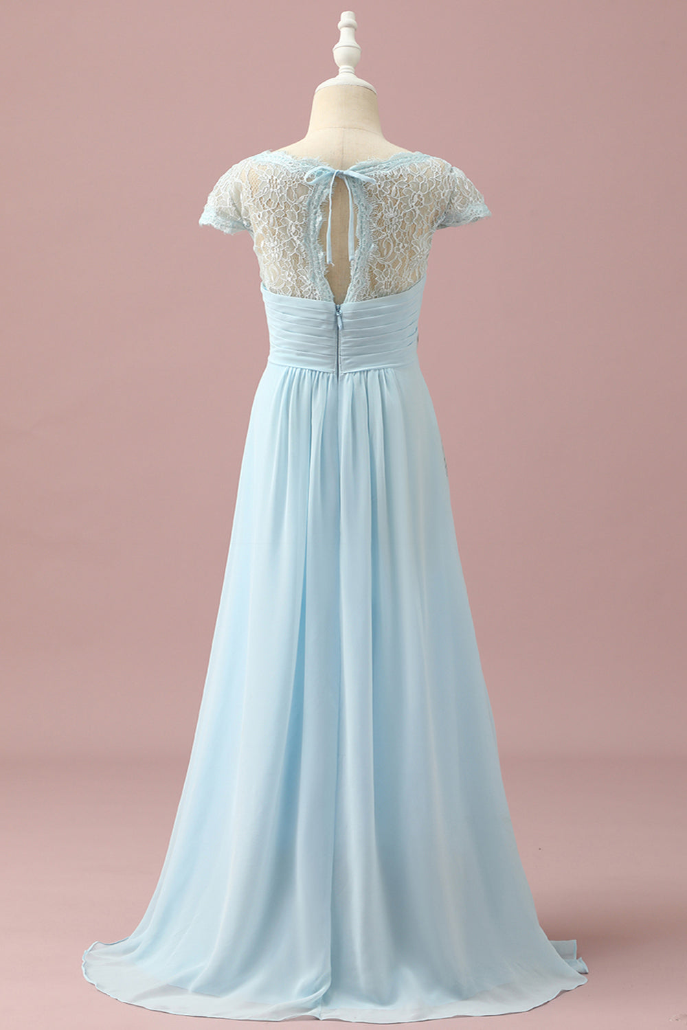 Robe de demoiselle d’honneur junior en dentelle bleu clair et chiffon col en V