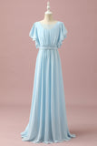 Mousseline de soie bleu clair Batwing Manches A-Line Junior Bridesmaid Dress