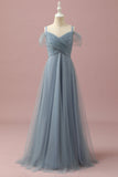 Robe de demoiselle d’honneur junior en tulle d’épaule froide gris bleu