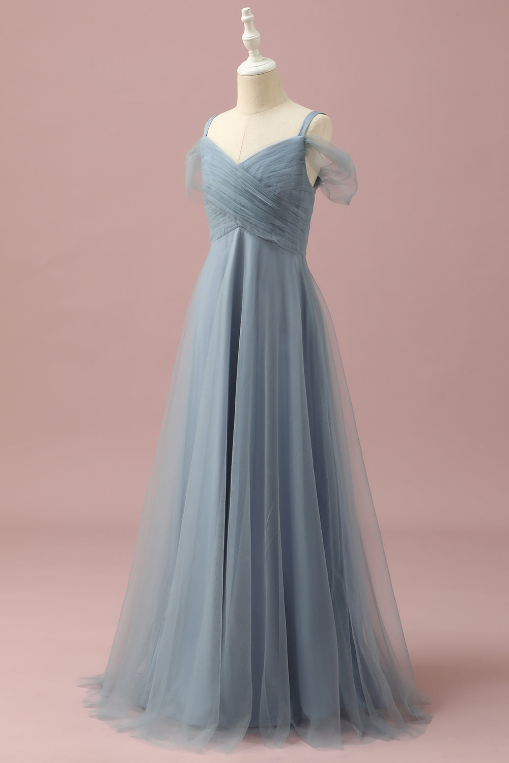 Robe de demoiselle d’honneur junior en tulle d’épaule froide gris bleu