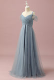 Robe de demoiselle d’honneur junior en tulle d’épaule froide gris bleu