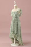 Dentelle verte Col carré High Low Junior Bridesmaid robe