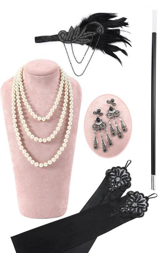 Robe à paillettes noires Glitter Midi Flapper avec ensemble d’accessoires des années 20