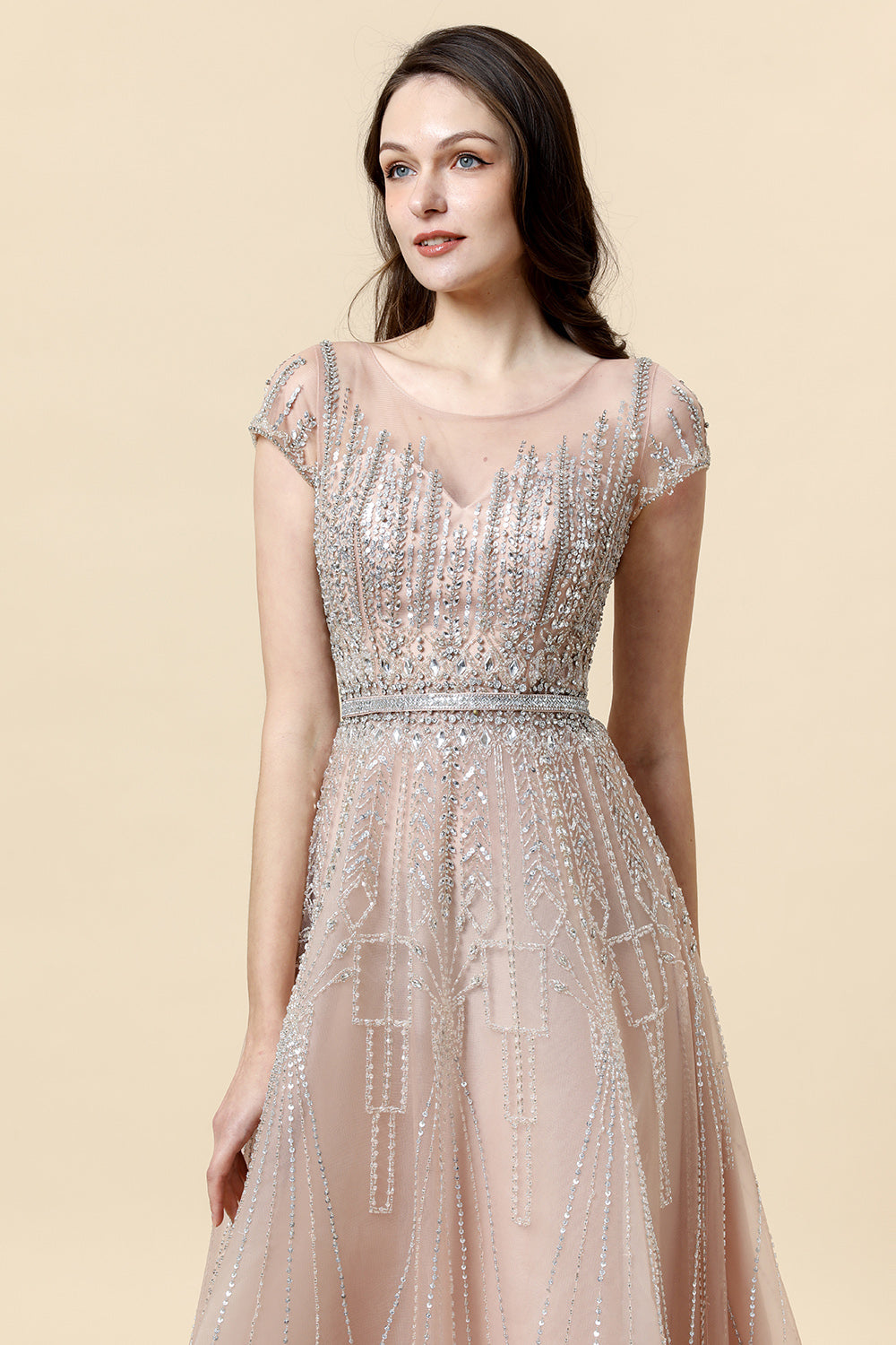 Robe formelle en tulle en tulle perle perle Sparkly Blush
