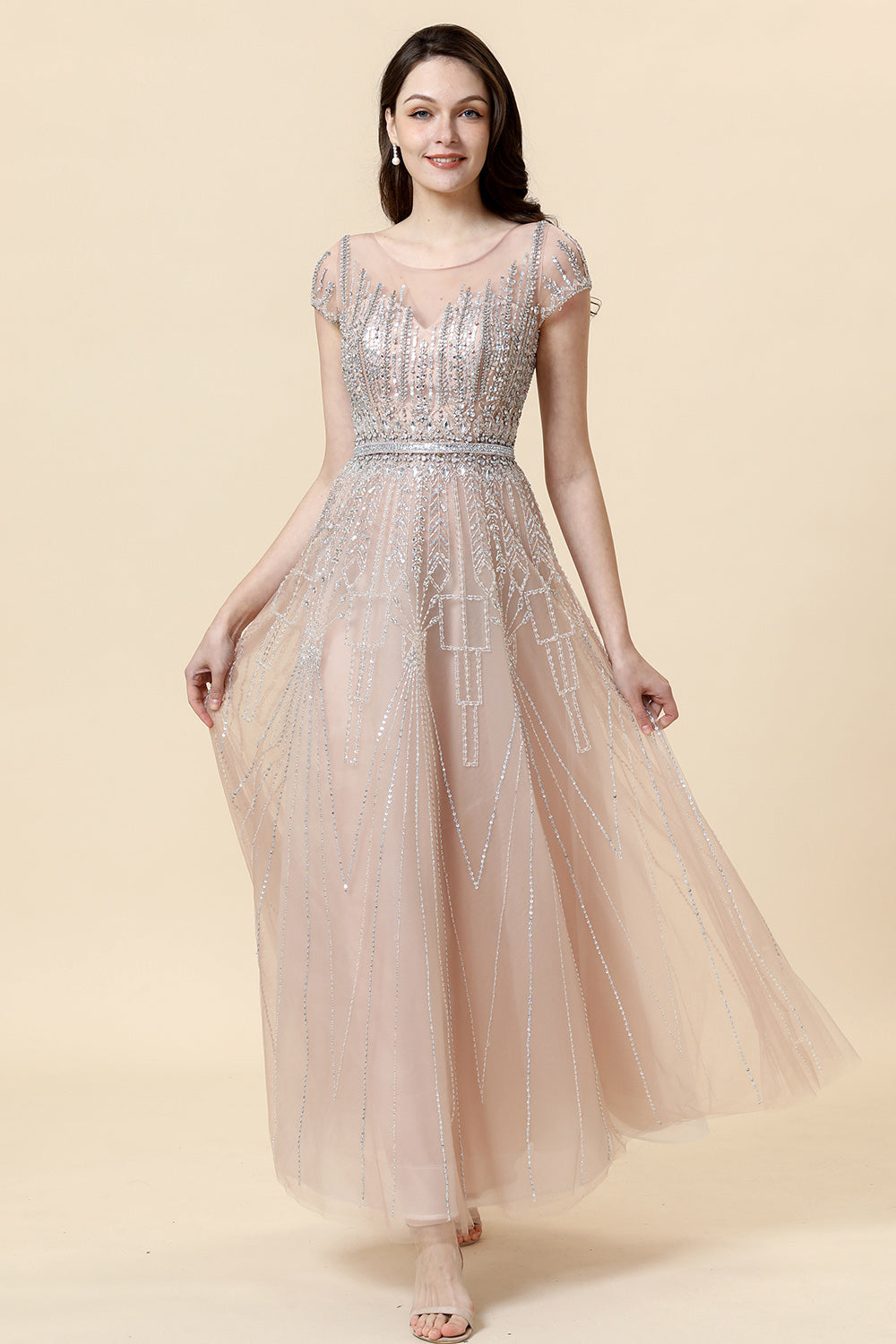 Robe formelle en tulle en tulle perle perle Sparkly Blush