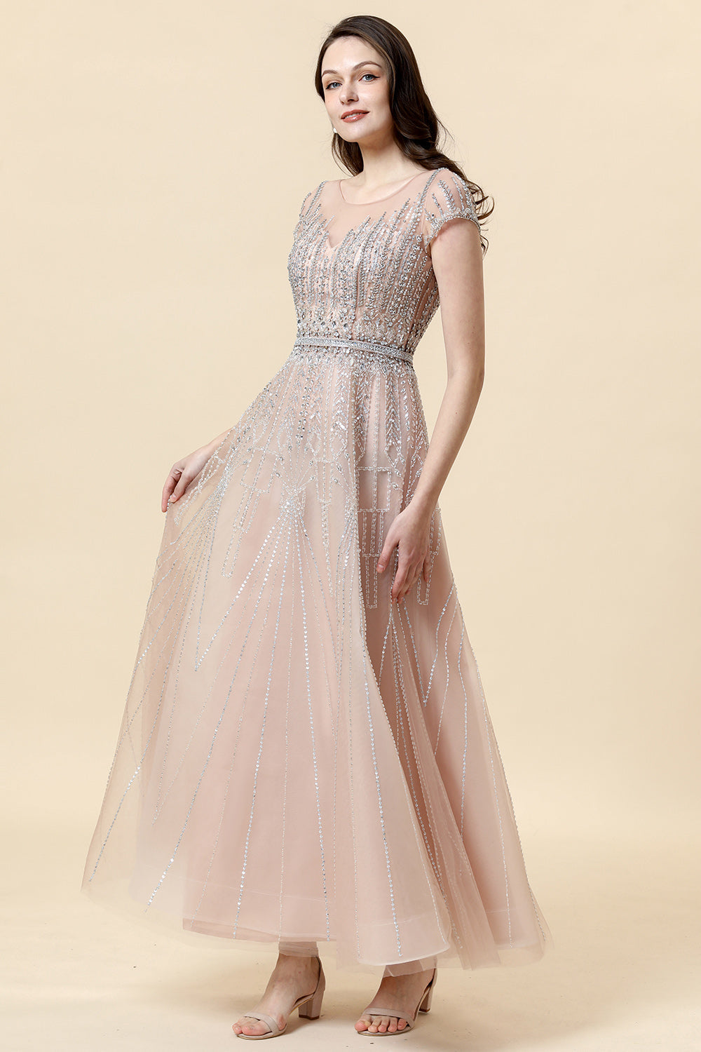 Robe formelle en tulle en tulle perle perle Sparkly Blush