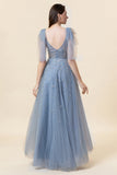 Robe de bal en tulle long tulle bleu perlé scintillant