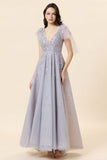 Robe de bal en tulle long tulle gris perlé scintillant