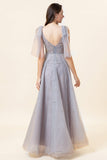 Robe de bal en tulle long tulle bleu perlé scintillant