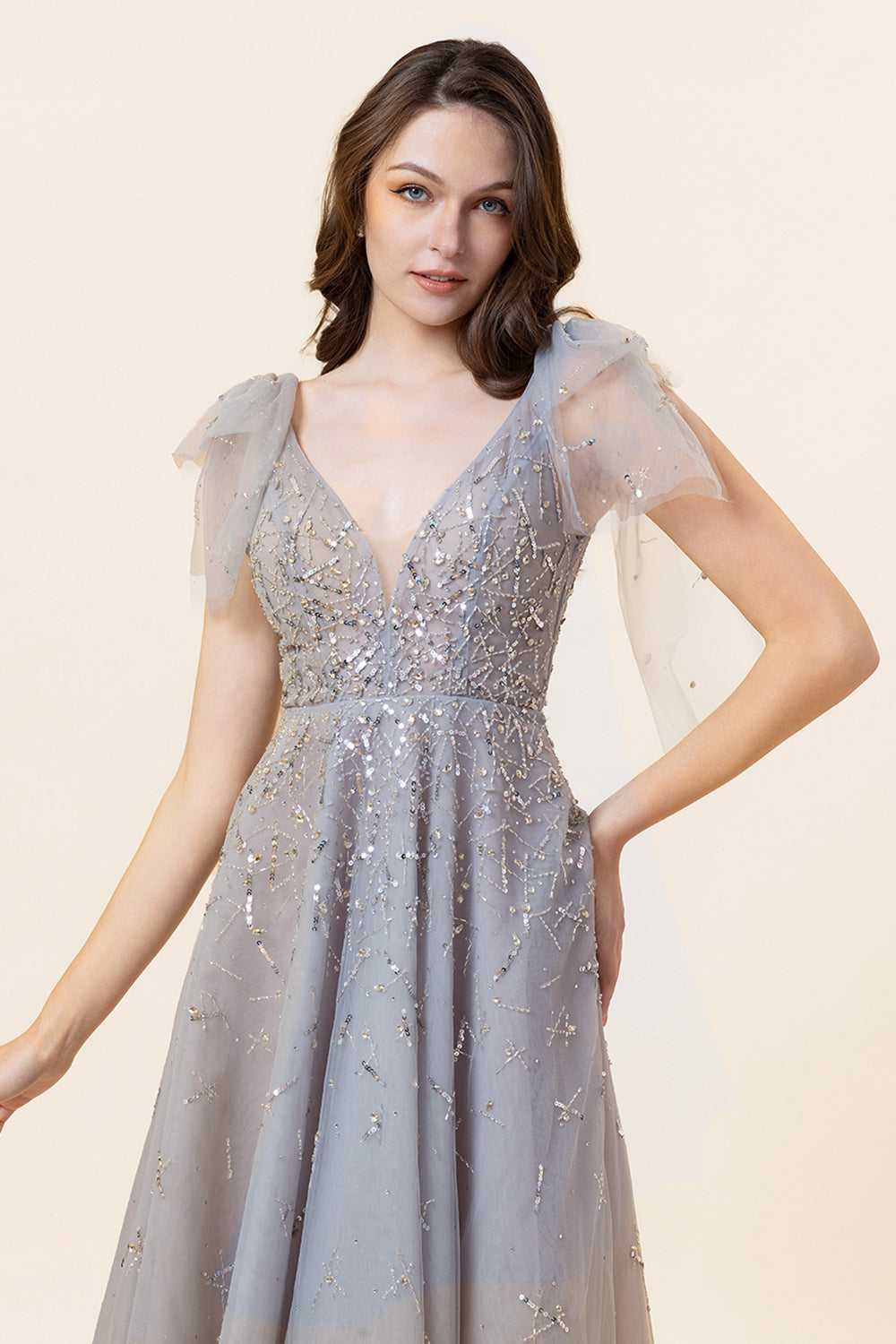 Robe de bal en tulle long tulle bleu perlé scintillant