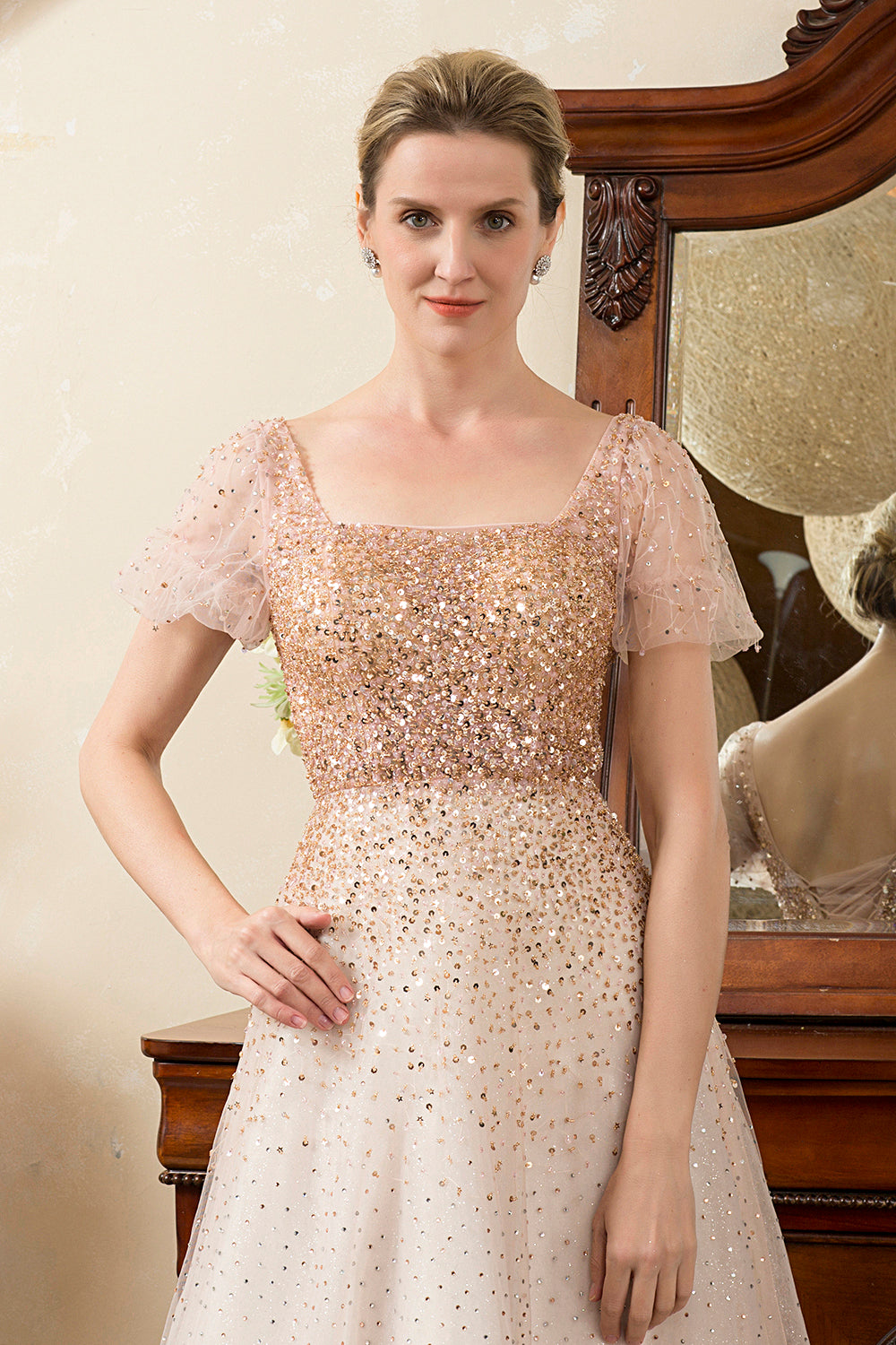 Blush Perling A Line Sparkly Evening Wear